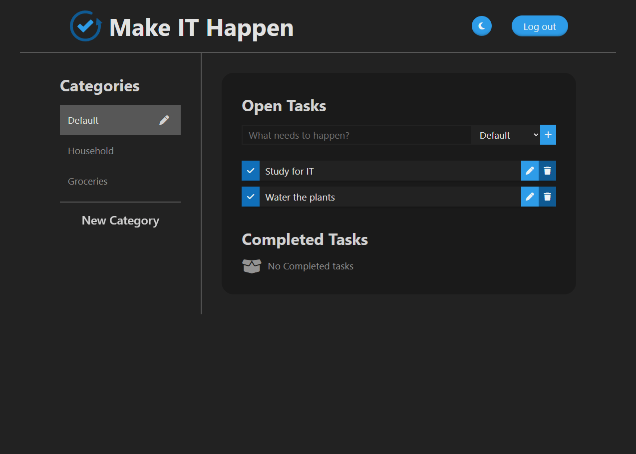 Screenshot of Make IT Happen in dark mode
