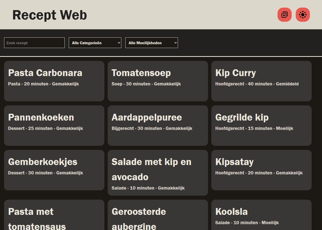 Screenshot of Recept Web in dark mode